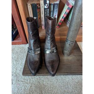 Marco Delli Women's EU 39 US 9 Brown snakeskin Leather Cowgirl Boots Chunky Heel